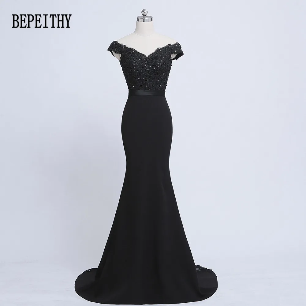 BEPEITHY Vestido Longo Новое поступление Черное длинное платье для выпускного вечера с аппликацией из бисера Русалка с открытыми плечами створки вечерние платья