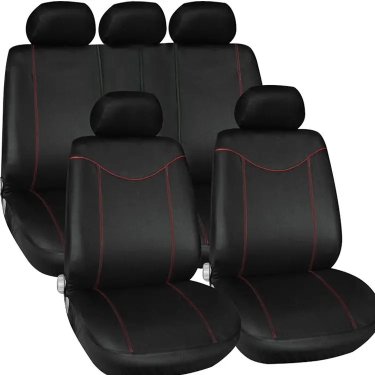 

Universal Car Seat Covers Front Seat Bench Seat Covers Wheel Cover Set Black with Red Edge Decoration