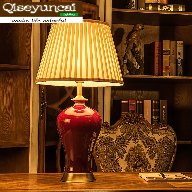 

Qiseyuncai Chinese rosewood living room red ceramic table lamp classical high-end villa decoration bedroom bedside lighting