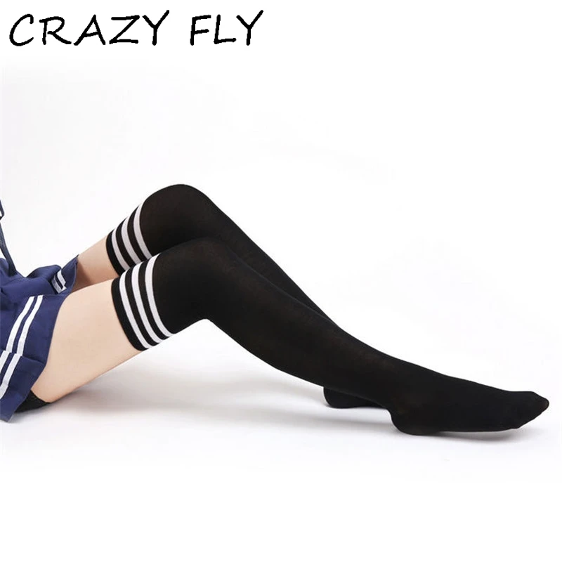 Магазин Crazy Fly, женские гольфы выше колена, чулки до бедра, непрозрачные теплые гольфы в полоску для японских школьников и студентов