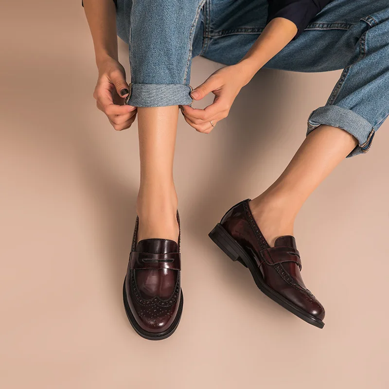 

BeauToday Penny Loafers Women Genuine Cow Leather Round Toe Wingtip Glazed Shoes Brogue Flats Handmade 27039