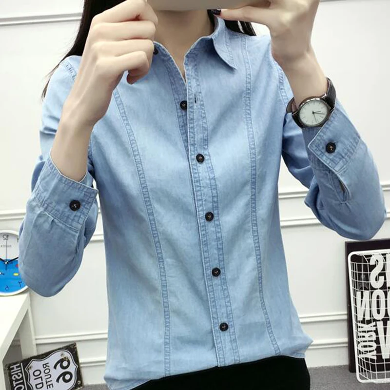 Single Breasted Long Sleeve Slim Denim Shirt 2020 Solid Blue Boyfriend Woman Shirt Turn Down Collar Casual Basic Top Blouse