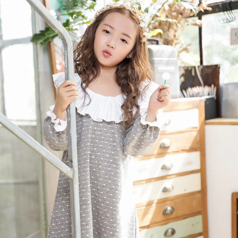2017 children's clothing autumn and winter new girls casual dress dots haircut lotus leaf puff sleeves princess | Детская одежда и