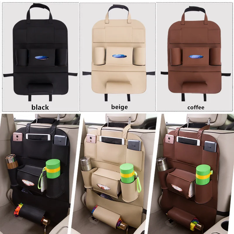 

GSPSCN New Car Back Seat Pu leather Storage Bag Hanging Bags Vehicle Multifunction Travel Waterproof Storage Box Seat Back Pad