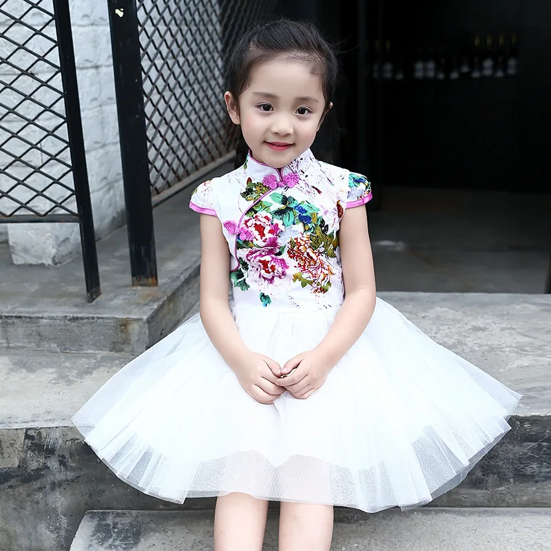 Платье в китайском стиле Чонсам для девочек 2019 летняя одежда с вышивкой