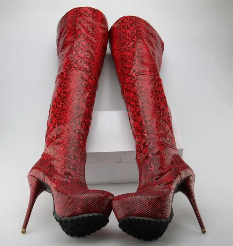 Women Python Gladiator Knee High Boots Red Wine Platform Zipper Over knee Booty HIgh Heel Slim Sexy Thigh Plus Size 10 | Обувь