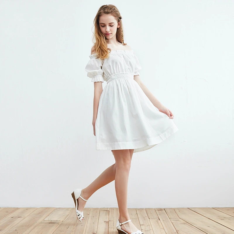 100% хлопковое женское летнее платье 2019 милое мини белое с пышными рукавами и