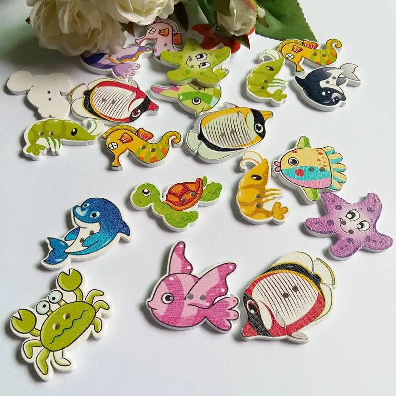 

120Pcs Mixed Marine Animal Series Style Wooden Buttons 2 Holes Sewing Scrapbooking Craft DIY For Baby Kid Clothes Decorativ