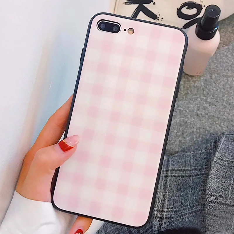 Новый розовый полосатый решетчатый стеклянный чехол для iphone X 8 7 6 6s Plus|Бамперы| |