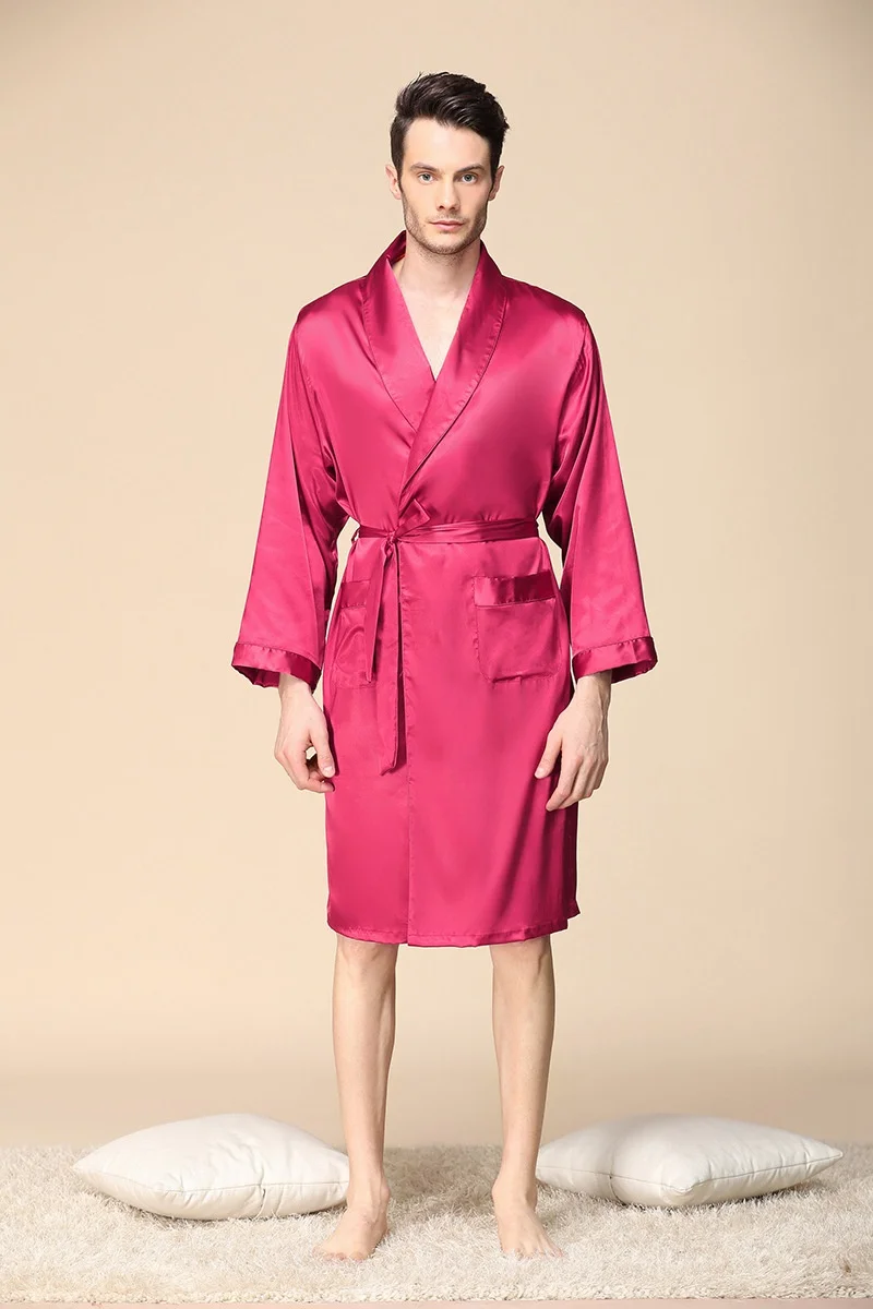 11 red Summer Men's Faux Silk Sleepwear Robe Casual Loose Comfortable Print Kimono Robes Home Clothing Satin Nightly Bathrobes - Цвет: 11 red