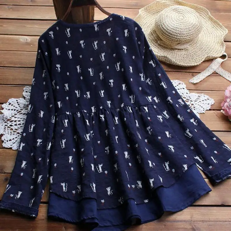 Women Blouses Shirts Print Cotton Flax Long Sleeve Blouse Loose Women's Tops New Arrival 2020 Spring Autumn Casual Female Shirt | Женская