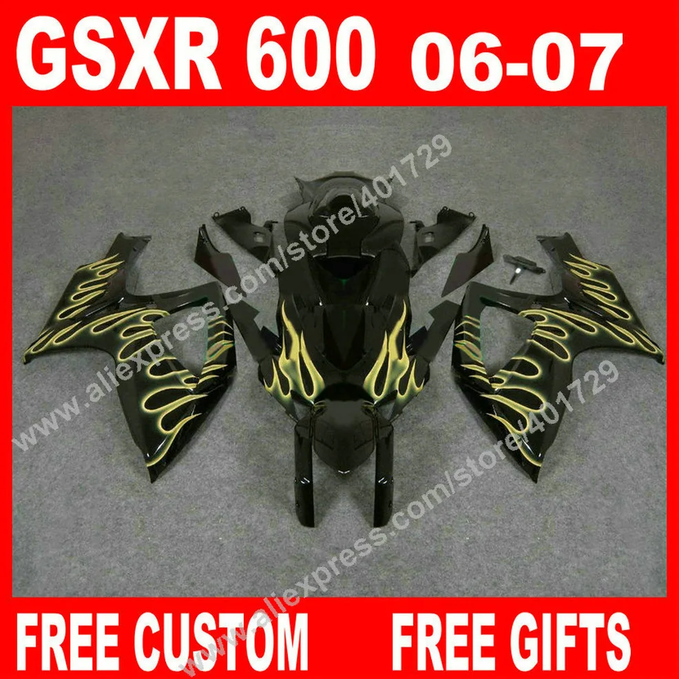 Горячая Распродажа Обтекатели для 2006 2007 SUZUKI черный с желтым пламенем GSXR 600 750 7