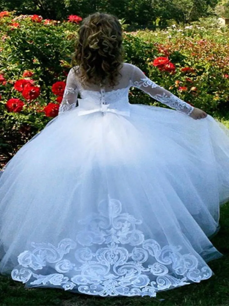 Красивые белые платья с цветочным принтом для девочек кружевные длинным рукавом