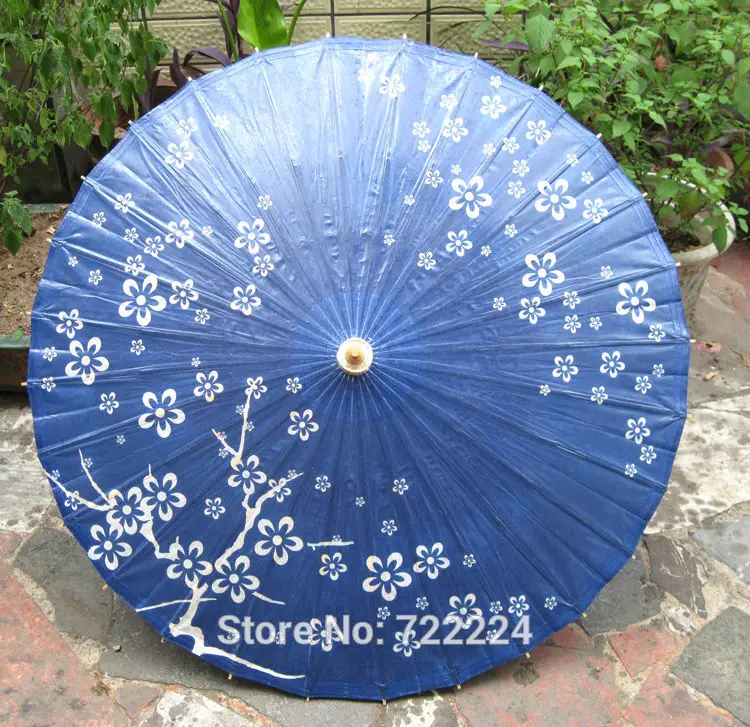 Синий зонт диаметром 50 см с дном цветение сливы ручная работа смазанный бумажный