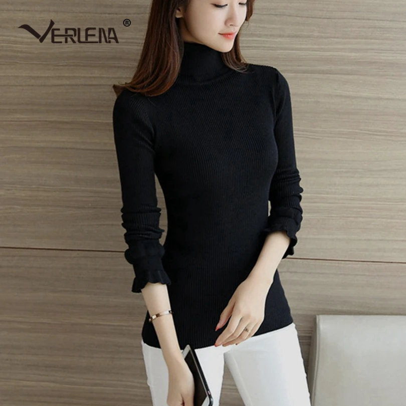 Verlena 2019 Soft Turtleneck Basic Women Sweater Long Sleeve Rib Stretch Knit Black Pullovers Ruffle Flare Cuff Autumn Jumper | Женская