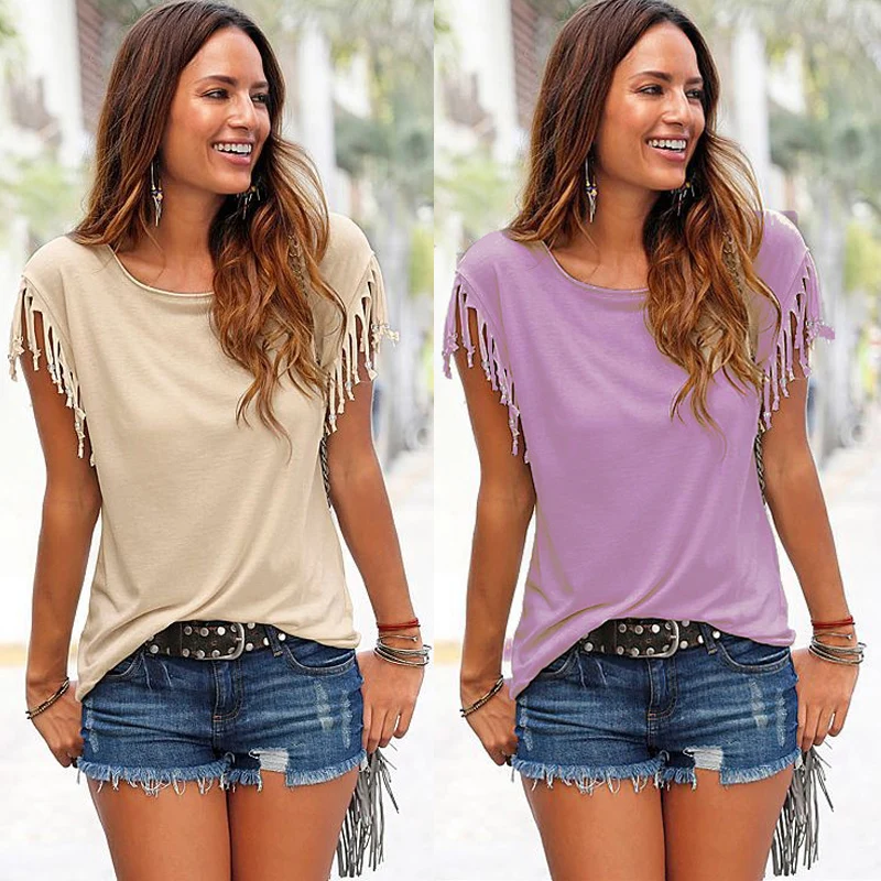 

2019 Summer Women Tops T Shirt Casual Tassel Short Sleeves T-shirt Tees Women Office Slim Sexy Solid T-shirt Tops For Female