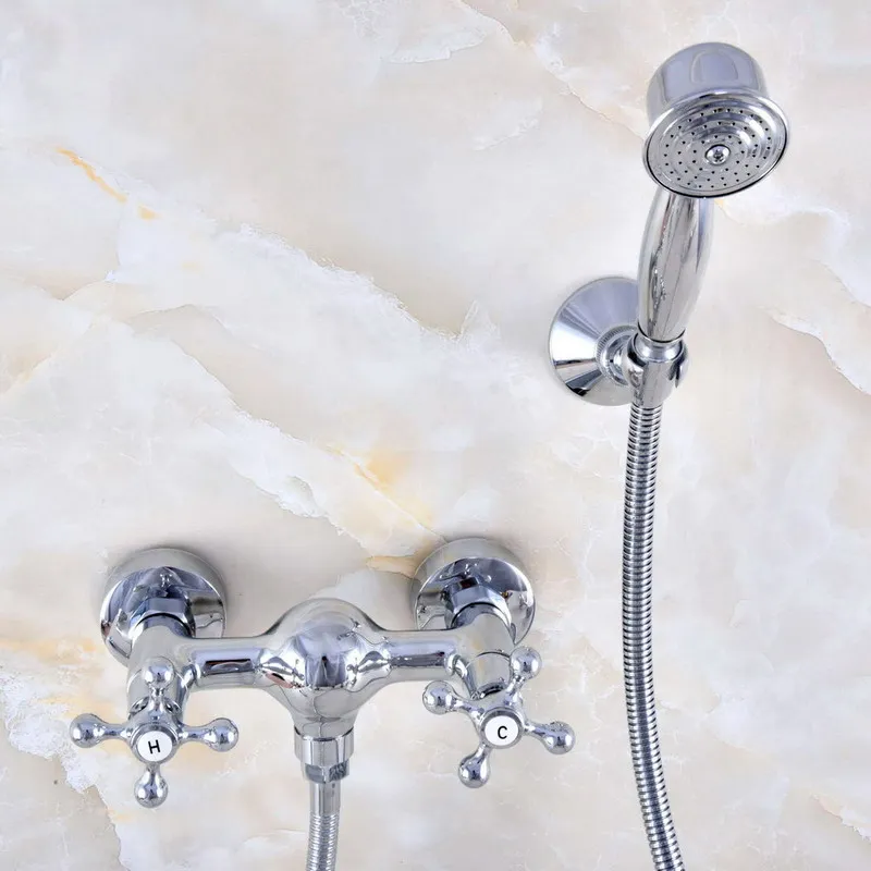 

Wall Mount Polished Chrome Brass Bathroom Two Cross Handles Hand Shower Faucet Mixer Tap Set Telephone Shape Hand Spray ana767