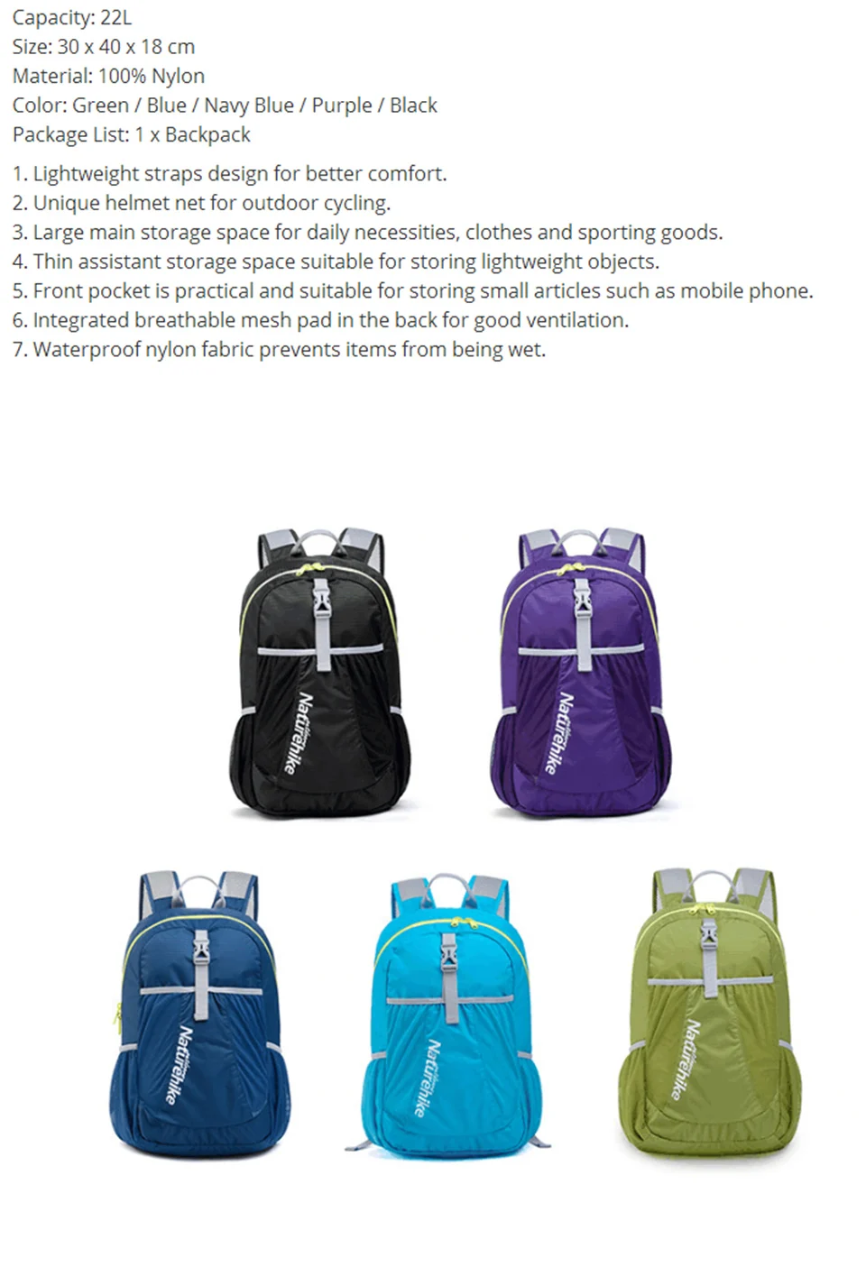 NatureHike 22L сверхлегкий спортивный рюкзак, рюкзак для путешествий, рюкзаки для отдыха на открытом воздухе, школьные рюкзаки, сумки, NH15A119-B
