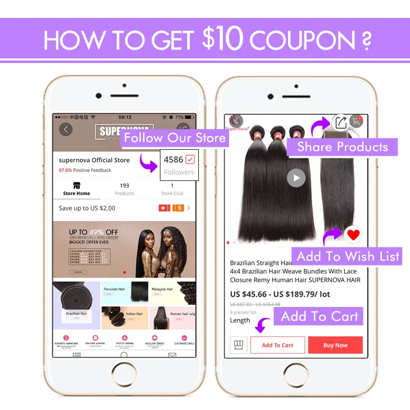 Supernova Brazilian Lace Closure Kinky Curly Hair Remy Human Pre Plucked Free/Middle/Three Part 4x4 inch Swiss | Шиньоны и парики