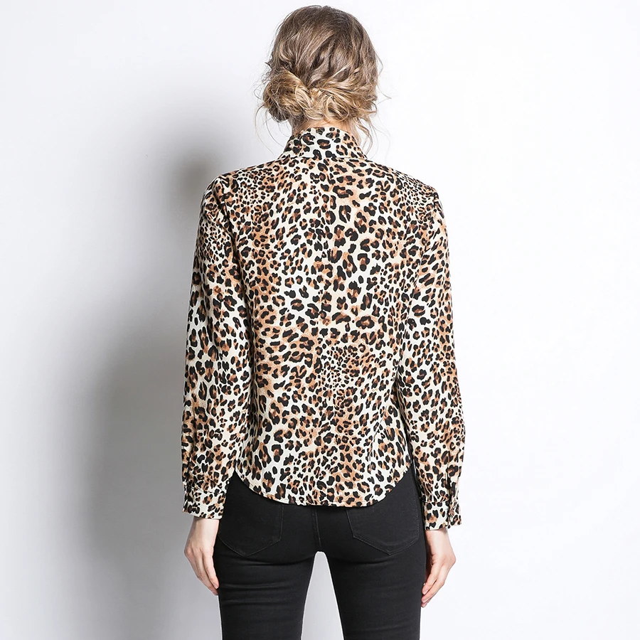 Женская леопардовая рубашка с длинным рукавом Повседневная облегающая офисная