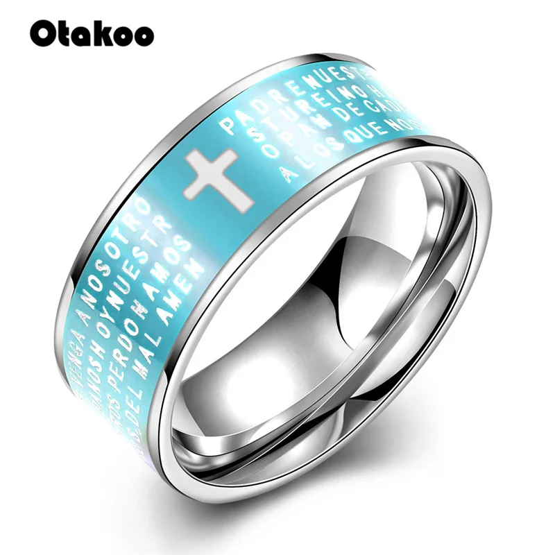 Мужское и женское кольцо Otakoo синее из титановой стали с надписью Jesus Tattoo|Кольца| |