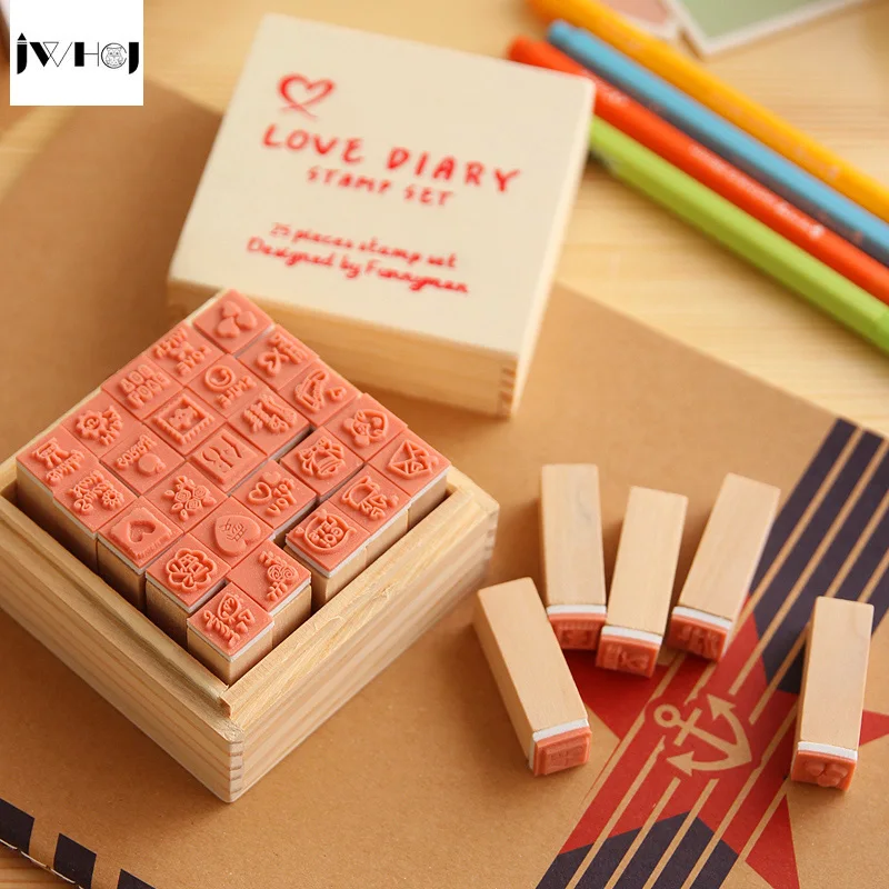 25 шт./компл. Мини милый дневник деревянный резиновый штамп подарочная коробка