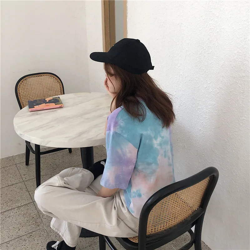 CBAFU tie dye футболка женская летняя топ Корейская одежда Повседневная Свободная футболка femme ulzang топы с принтом Лоскутная футболка D559