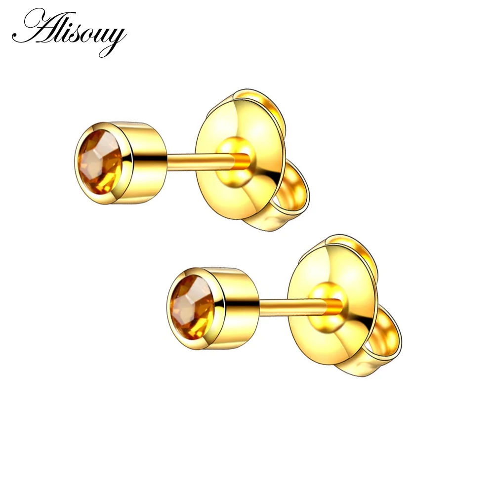 Gold-Yellow 2 шт стальные серьги-гвоздики, пирсинг для ушей, камень по месяцу рождения, драгоценный камень, серьги-гвоздики, серебро/золото, цветные серьги-гвоздики, ушной хрящ, ювелирные изделия для тела - Окраска металла: Gold-Yellow