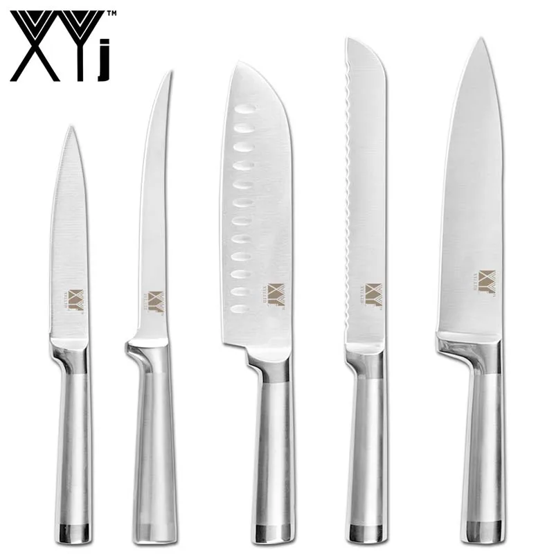 F.5pcs set XYj, набор кухонных ножей из нержавеющей стали, шеф-повара, обвалка для хлеба, Santoku, нож для очистки овощей, точилка, 8 дюймов, подставка для ножей - Цвет: F.5pcs set