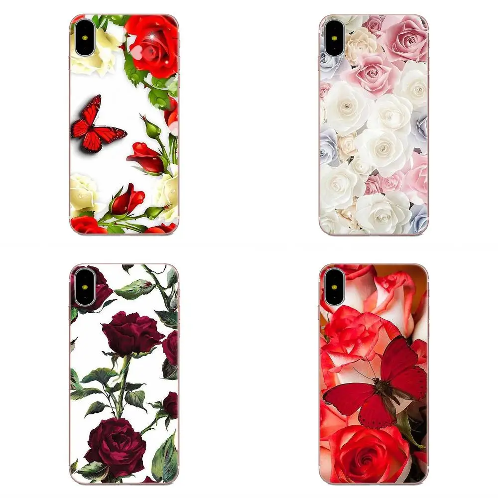 Мягкий защитный чехол из ТПУ с бабочками на белых розах для Apple iPhone 4 4S 5 5C 5S SE 6 6S 7 8