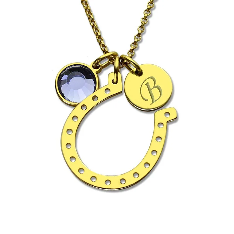 

AILIN Personalized Initial Horseshoe Necklace Gold Color Birthstone Charm with Engraved Initial Disc Lucky Charm for Girls