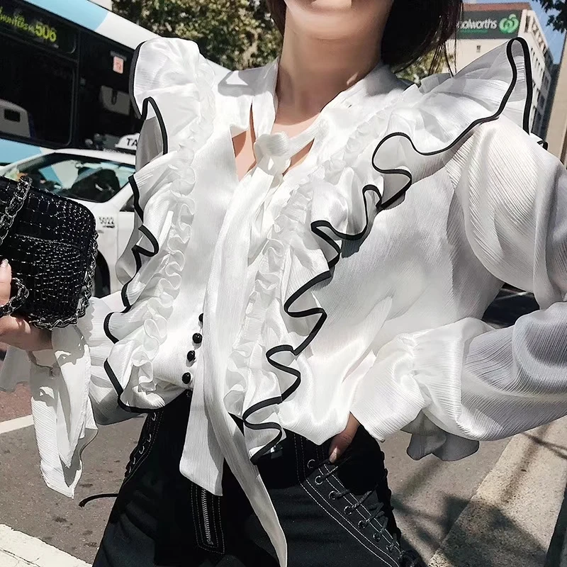 2019 новые женские рубашки галстук бабочка воротник с оборками длинным рукавом