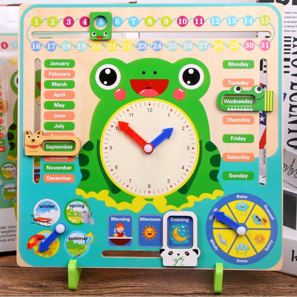 

Daily Cognitive Calendar Teaching Clock Board, Wooden Early Education Puzzle Learning Toy, Time Date Season Weather Month