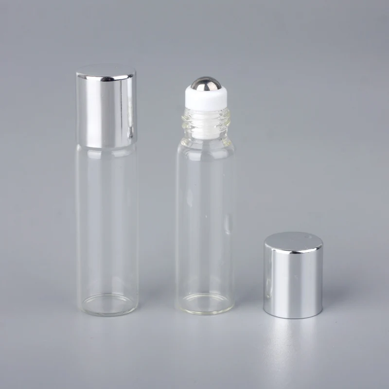 silver 100 шт./лот Мини стеклянные флаконы для духов с рулоном пустые косметические эфирные масла для путешествий со стеклянными стальными шариковыми роликами - Цвет: silver