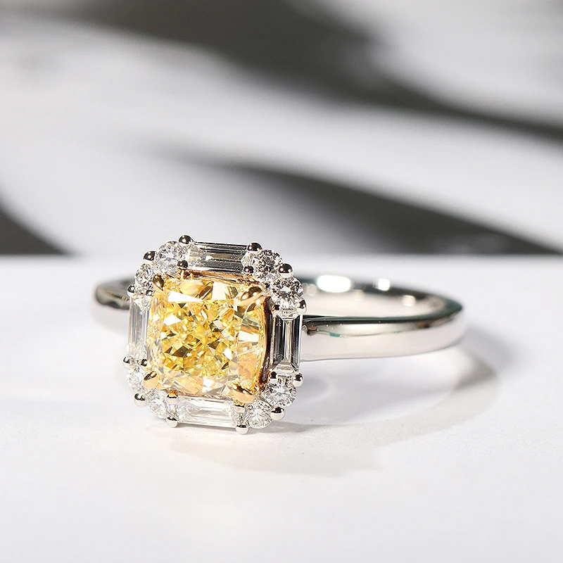 Solid 18K White Gold Yellow Moissanite Centre 2ct Cushion Ice Cut Side Baguette Wedding Ring Jewelry For Women | Украшения и