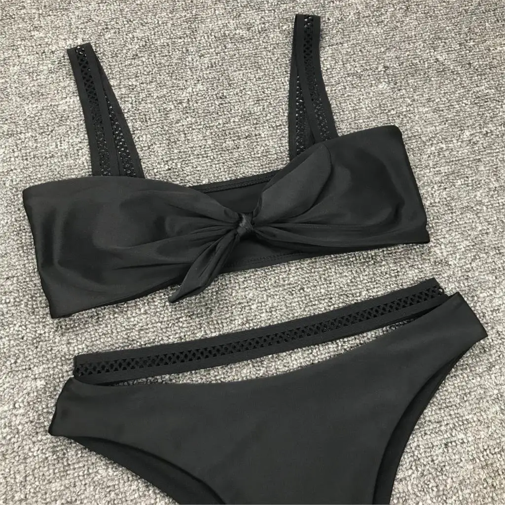 Женский купальник-бикини черный бандажный костюм для плавания на лето |