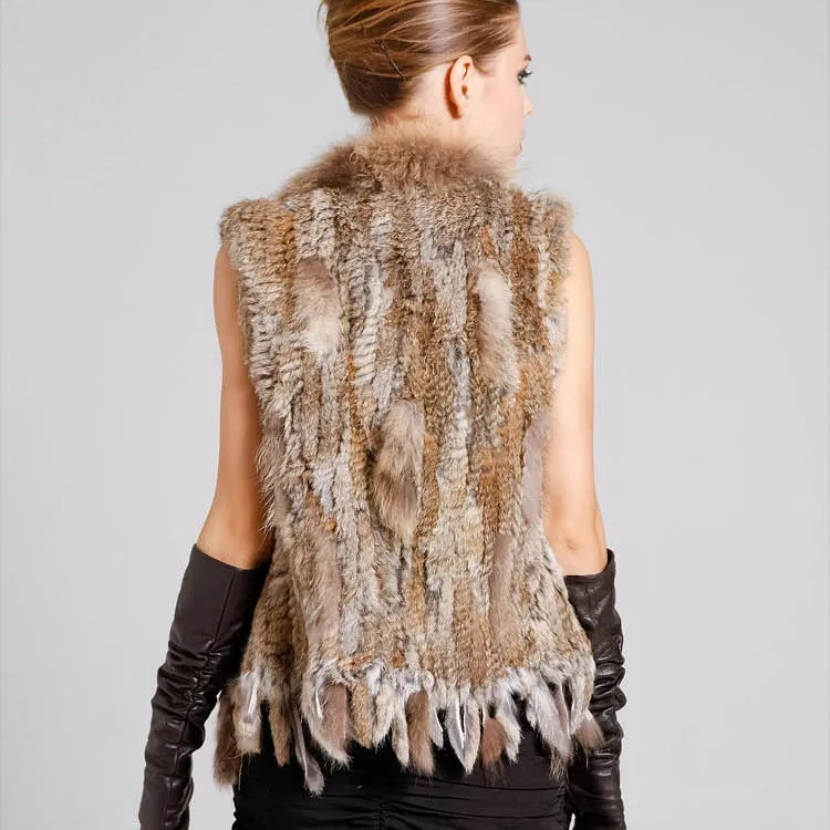 Free shipping new real/natural Knitted rabbit fur vest with genuine raccoon collar mixed order women's | Женская одежда