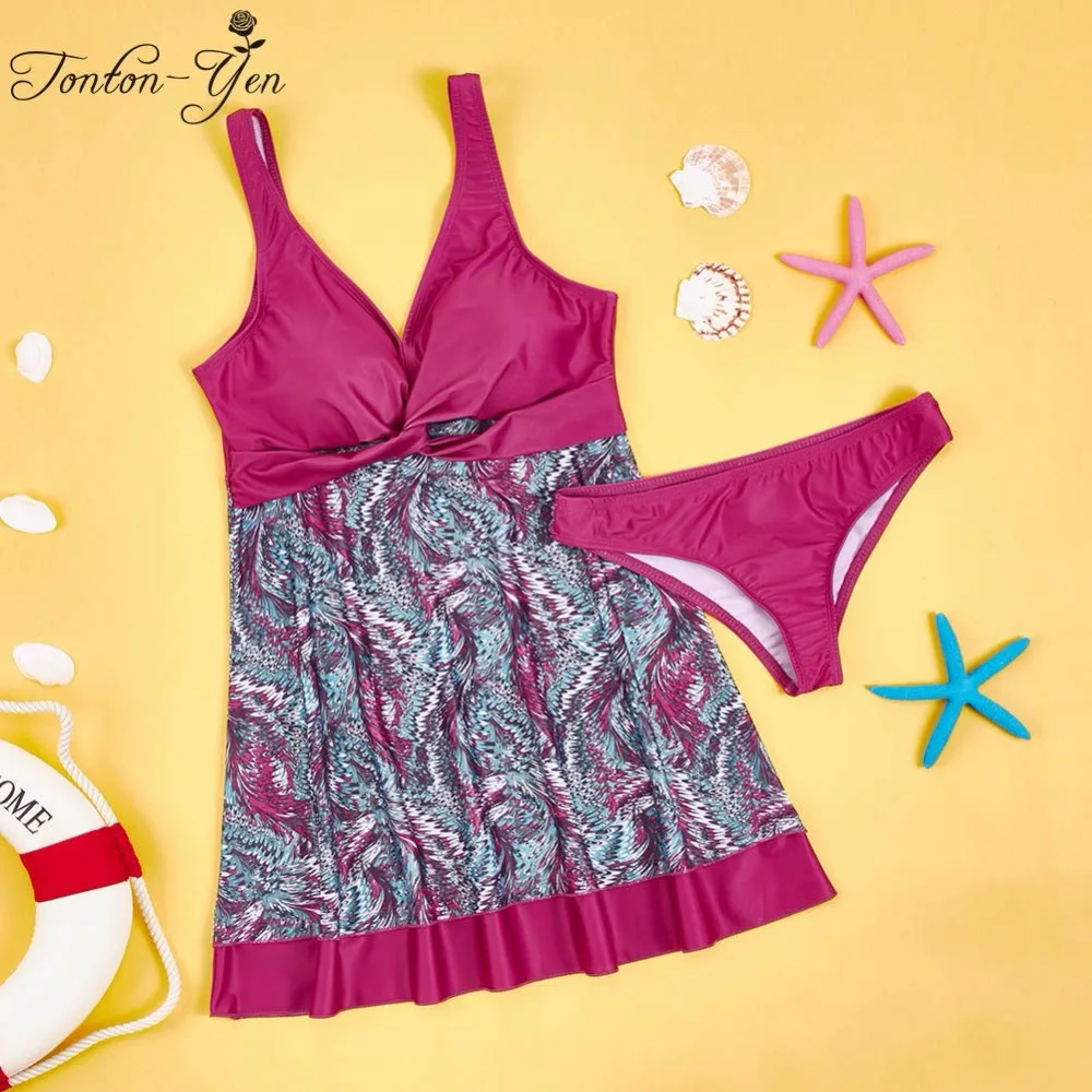 Тонтон Йен размера плюс женские Танкини наборы большой размер d принт купальник