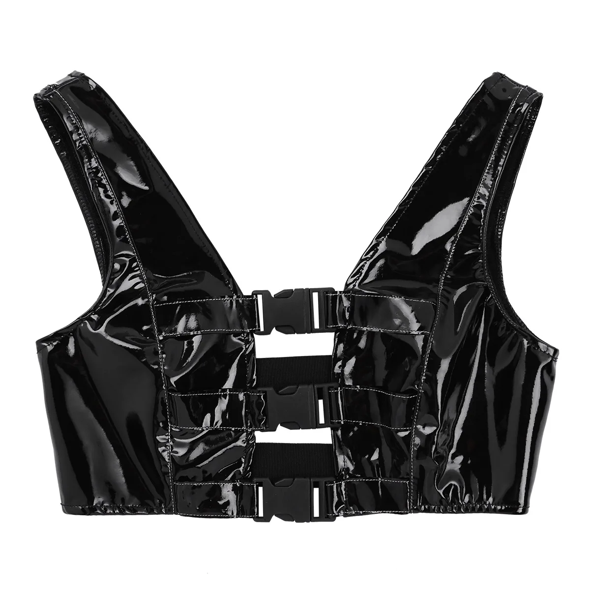 TiaoBug/модные в стиле панк Wetlook из искусственной кожи без рукавов, застежка спереди, открытая спина, женские экзотические латексные пикантные Топы вечерние клубная одежда