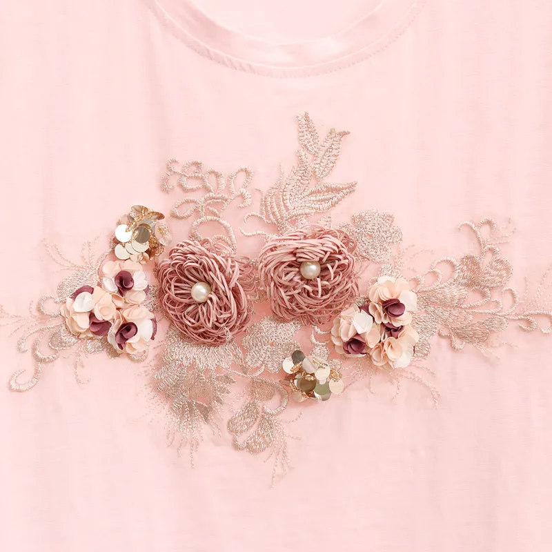 2020 Летняя женская футболка с тяжелой вышивкой бисером цветочные дикие коротким