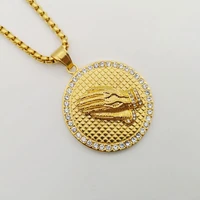 gold color stainless steel round praying hands pendant necklace rhinestones praying hands medal necklace religious blkn0798