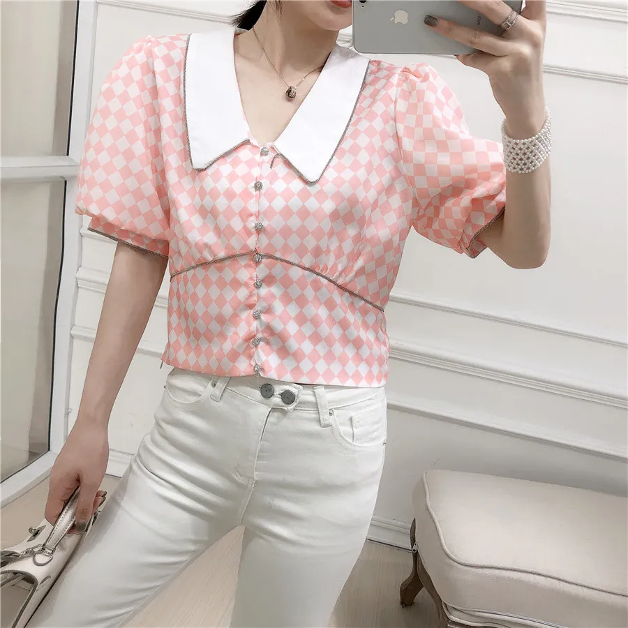 

Short Sleeve Grid Women Blouse Plaid Shirts Vintage Diamond Women Tops Short Blouses Sweet Lattice Blusa Feminina Summer