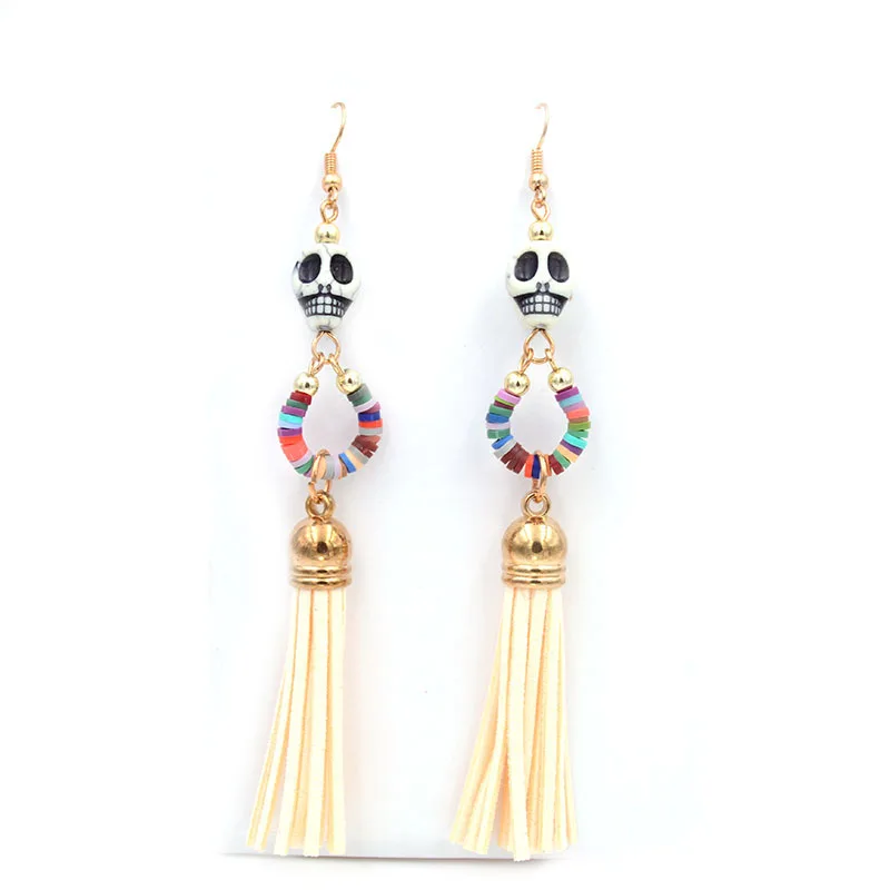 Длинные серьги кисточки WELLMORE 3 цвета синие/розовые/бежевые модные с черепом для