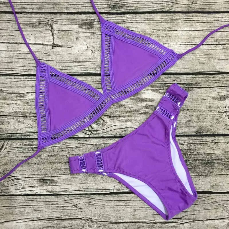2016 сексуальный ручной работы фиолетовый вязаный комплект бикини Женская одежда