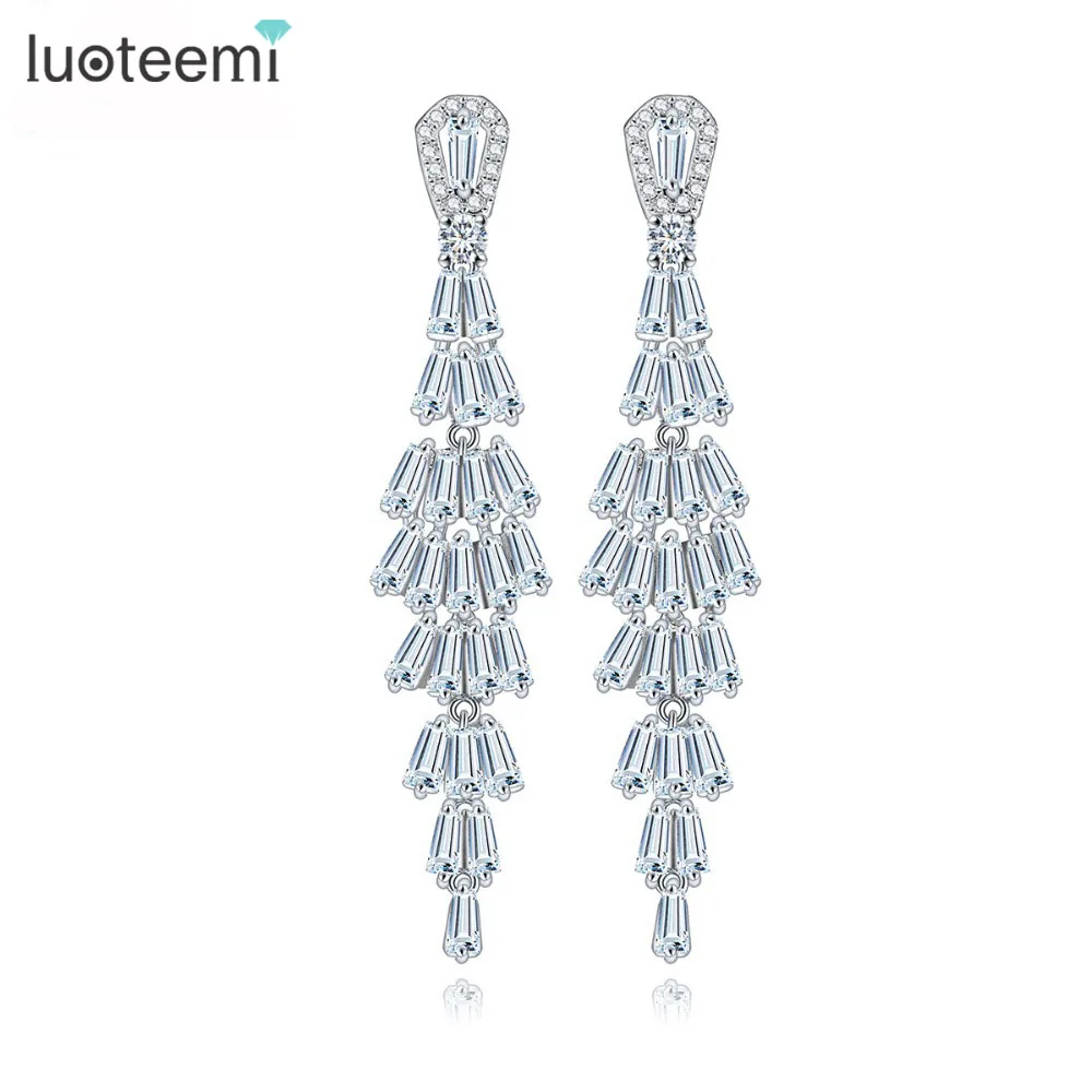 LUOTEEMI Elegant Big Long Feather Shape CZ Crystal Drop Earrings Ethnic Party Brincos White Gold-Color Lover Christmas Gift | Украшения и