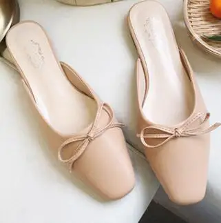 apricot style-2 Шлепанцы с закрытым носком; летние женские туфли без задника с бантом, пряжкой, металлическим украшением; шлепанцы без застежки на полой подошве; брендовые Вьетнамки; zapatos - Цвет: apricot style-2