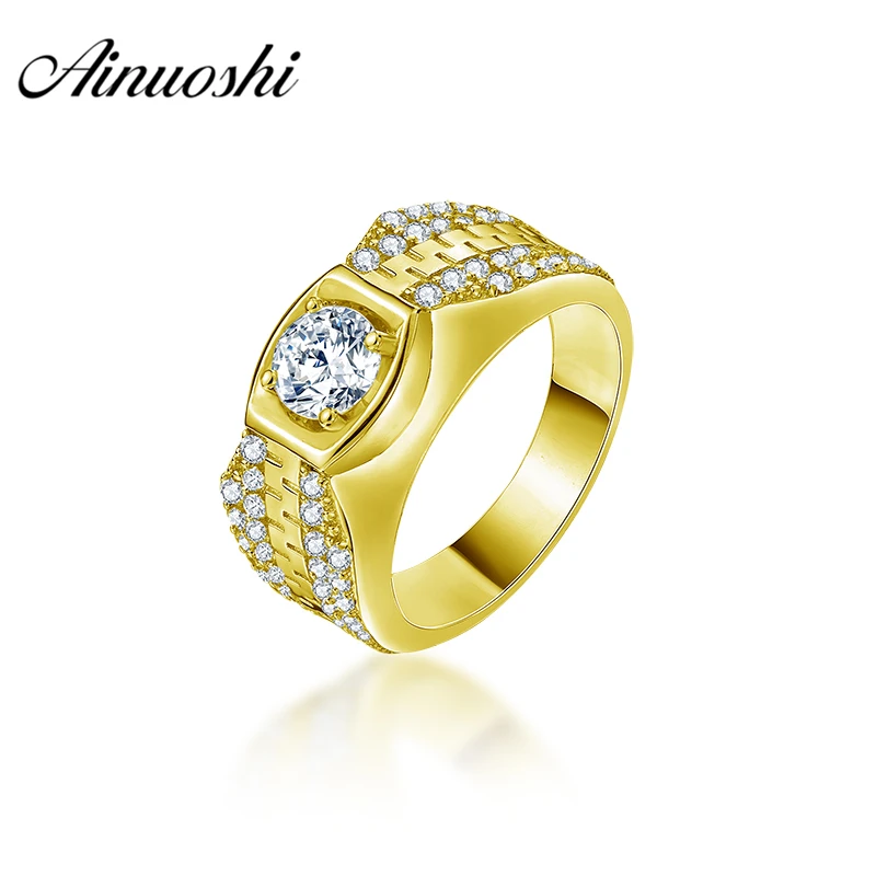 AINUOSHI Роскошная 14 K массивная, желтая, Золотая Мужская кольцевая круглая огранка Sona алмазные строчки сверла широкий диапазон обручальные свадебные ювелирные изделия мужское кольцо