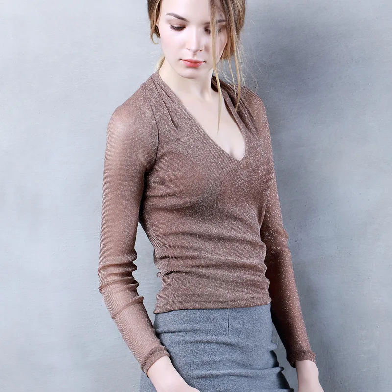 

2018 Spring Women T-shirt V-Neck Long Sleeve Slim pure silk Through Mesh Folded Elegant fashion lady bottoming shirts AL27233