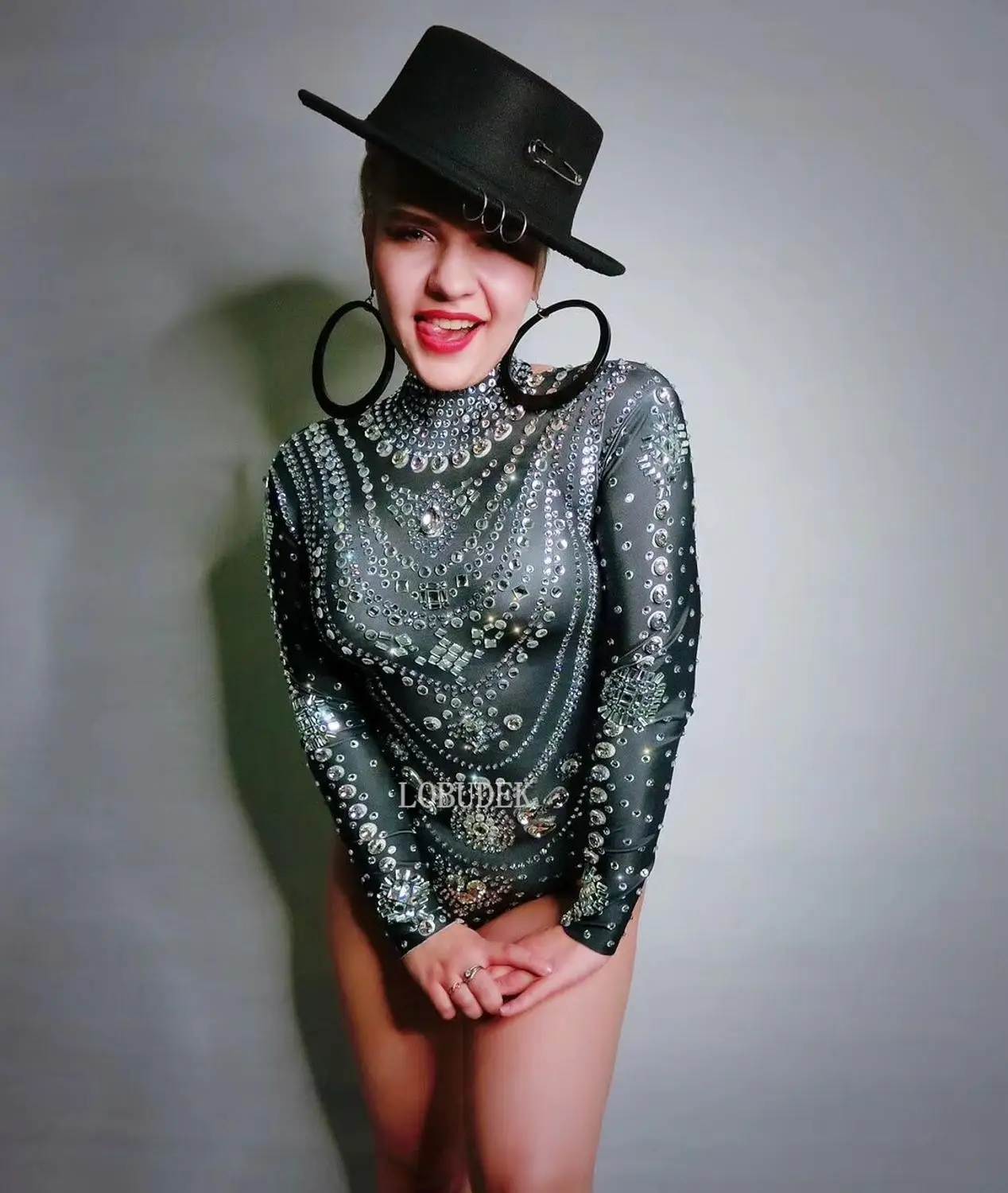 Women Dancer Team Jazz Pole Dancing Stage Wear Sexy Elastic Long Sleeve Rhinestones Bodysuit Black Tights Bar Nightclub Costume