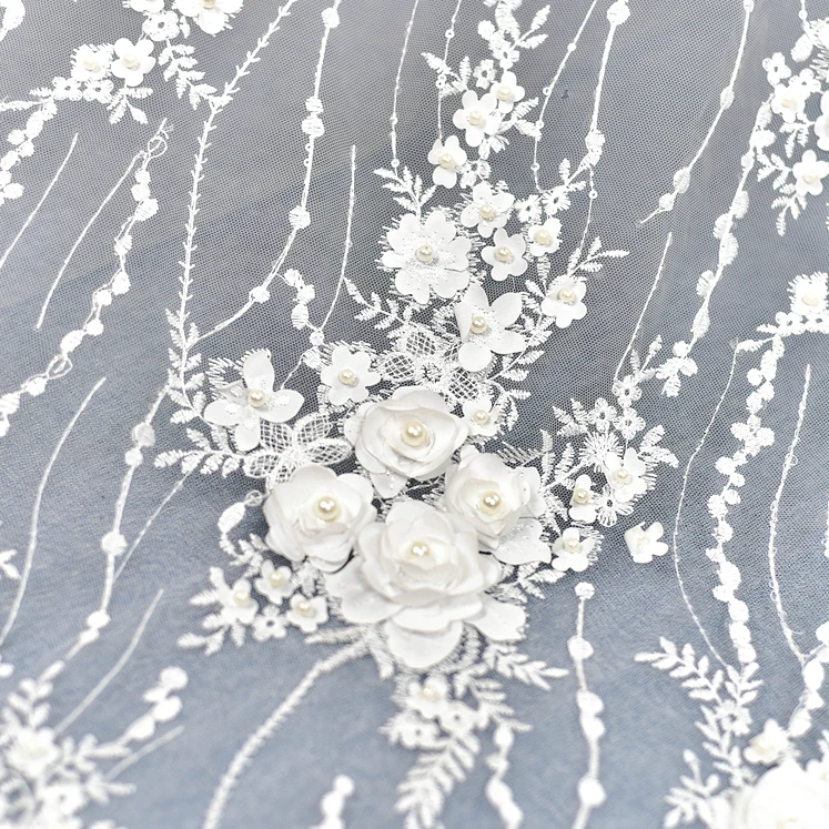 Современная модная атласная ткань с 3D вышивкой и жемчугом для свадебного платья